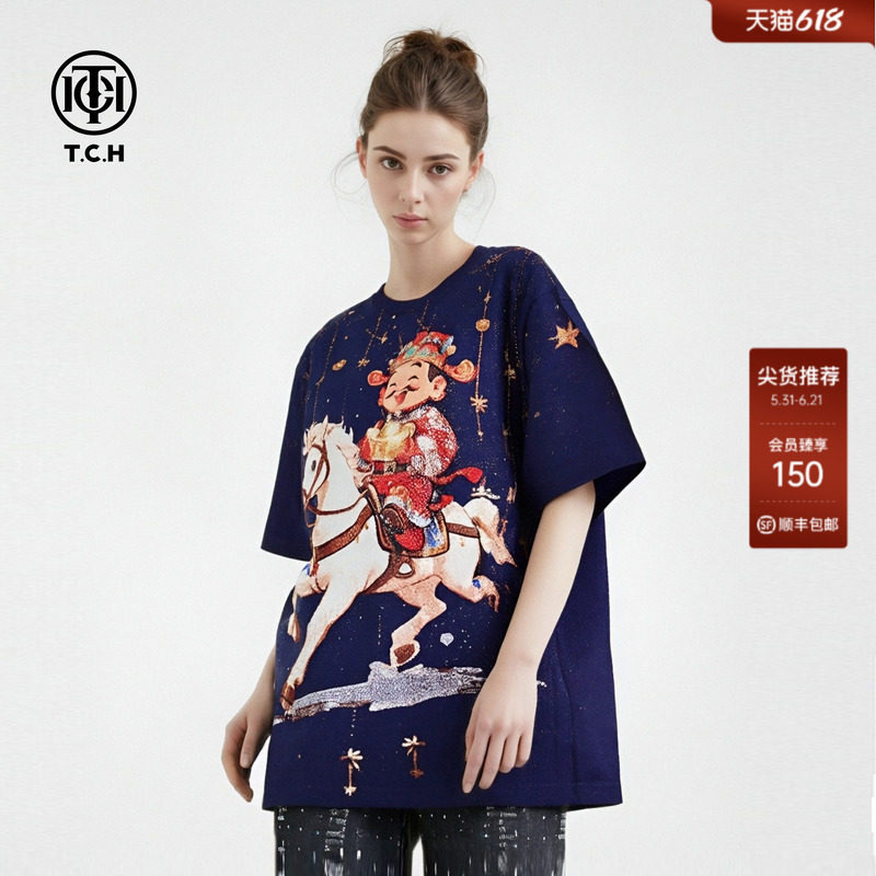 TCH国潮财神骑马烫钻宽松街头风短袖T恤女2026春夏新款T78B106061