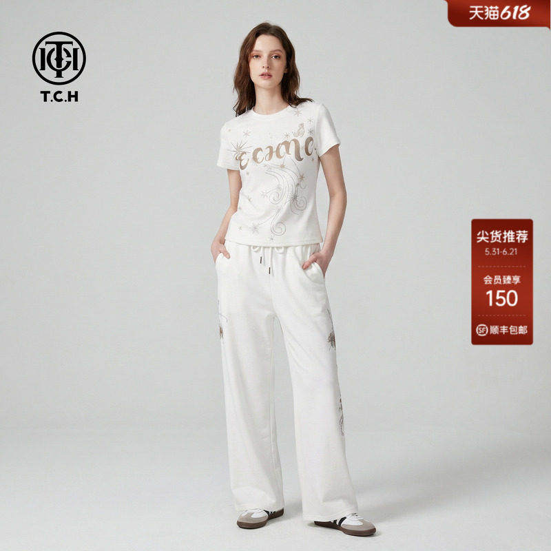 TCH潮牌时尚水瓶座烫钻休闲T恤套装女2026夏新款短袖阔腿裤两件套