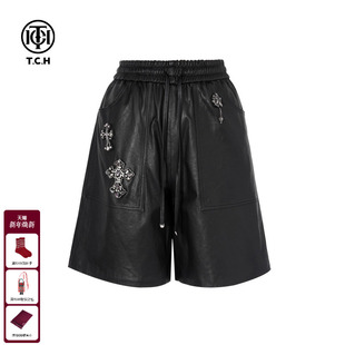 女宽松显瘦休闲裤 TCH私服烫钻2025秋季 短裤 皮裤 T75C21E5011 新款