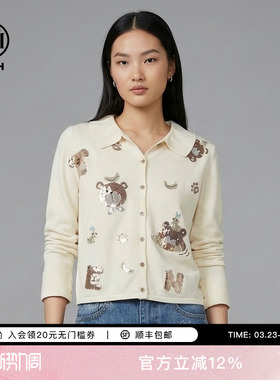 TCH26春夏新款时尚烫钻米白色翻领百搭针织开衫上衣女T78A43E1137