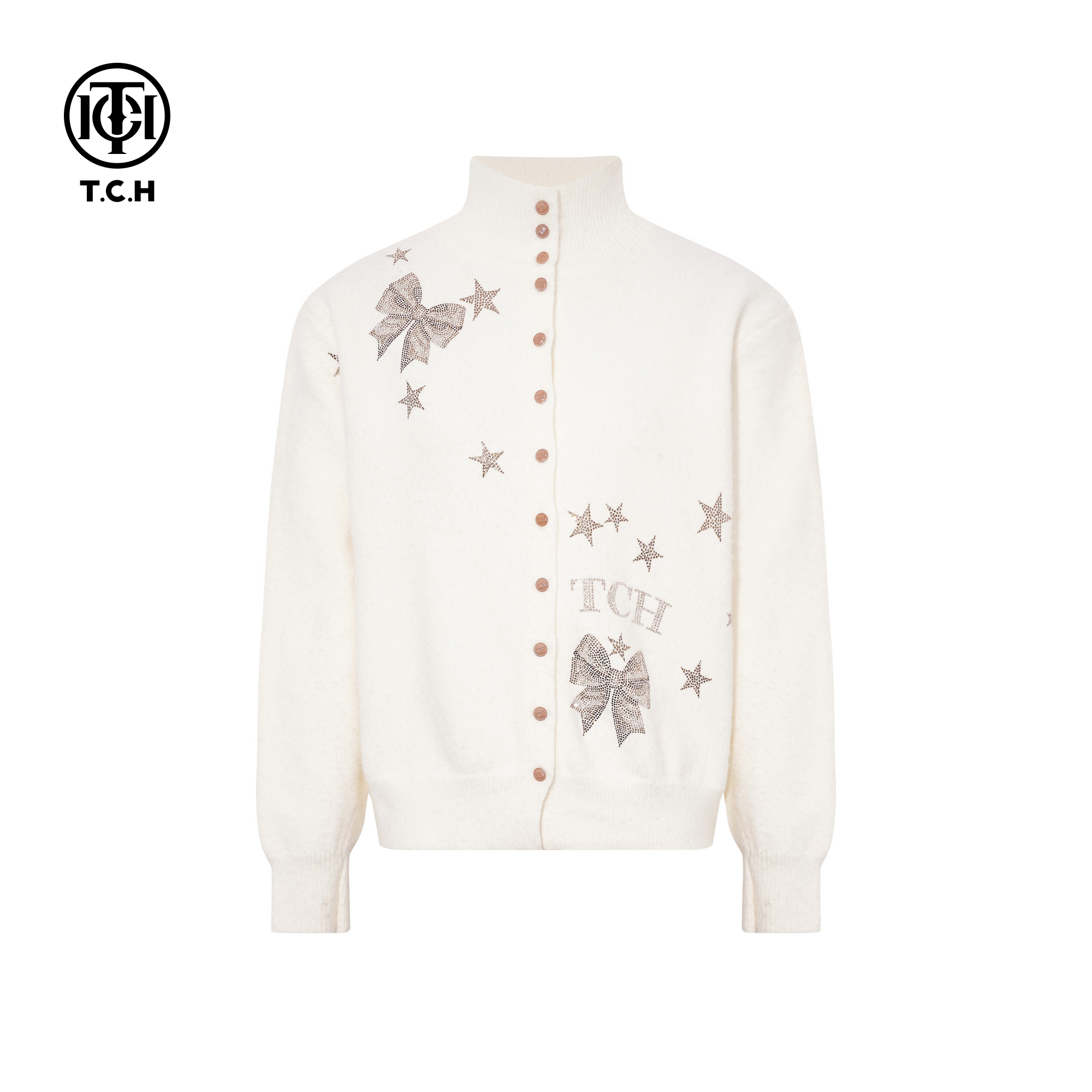 TCH私服2025冬季新款烫钻高智感高领气质针织开衫女T75D43E1025