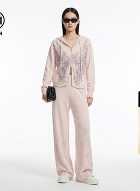 TCH烫钻天使之翼慵懒显瘦连帽外套休闲裤粉色针织套装T78A07E1141