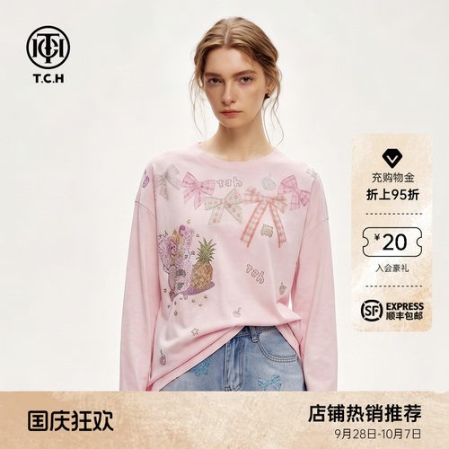 甜美少女风落肩蝴蝶结长袖T恤女