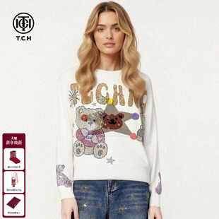 TCH温柔风秋冬软糯毛衣女烫钻小熊白色圆领针织衫 上衣T75D09E1315