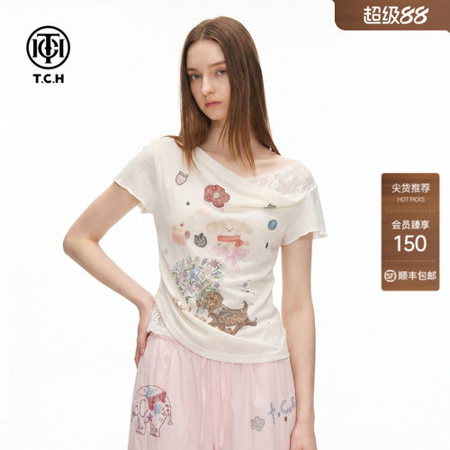 烫钻蕾丝拼接斜肩短袖T恤女