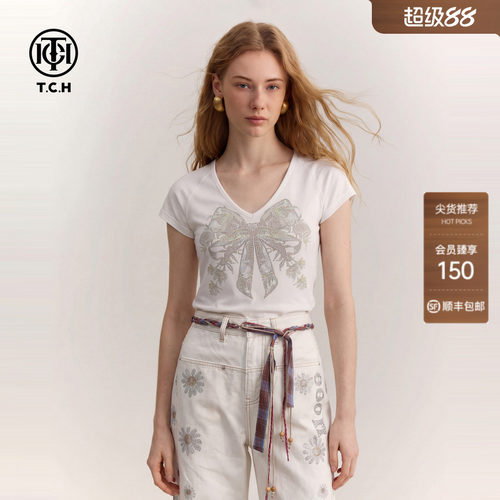 TCH烫钻蝴蝶结V领显瘦T恤女