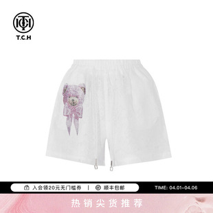 TCH2025夏季 烫钻小熊时尚 休闲百搭阔腿短裤 女T75A21E5019 新款