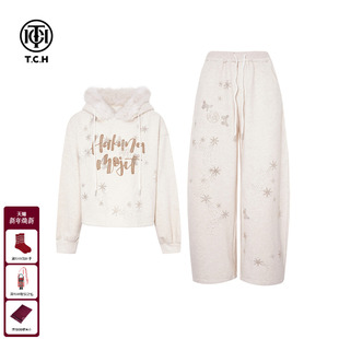 女T75D07E1083 套装 TCH时尚 烫钻卡其色休闲加绒保暖连帽卫衣休闲裤
