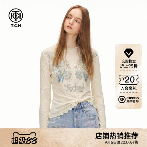 TCH甜酷翅膀烫钻网纱长袖T恤