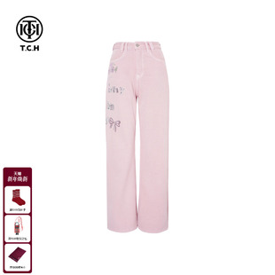 TCH私服慵懒烫钻加绒加厚粉色直筒牛仔裤 T75D20E1097 女2025冬新款