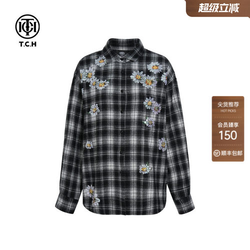 TCH烫钻2026春季新款时尚宽松百搭黑白格衬衫上衣女T75C13E9007