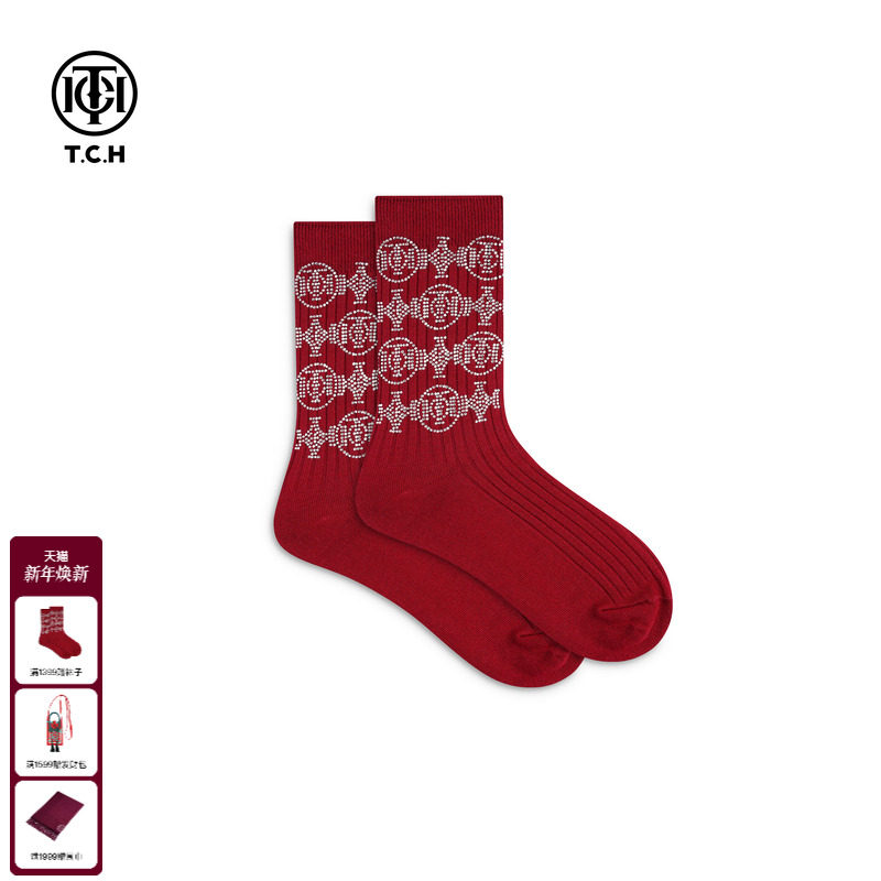 TCH本命年袜子女烫钻马年红色新年中筒袜2025冬季新款T75D55E1047