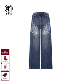 TCH百搭时尚 女T75D20E1205 烫钻蓝色翅膀慵懒风阔腿宽松显瘦牛仔裤
