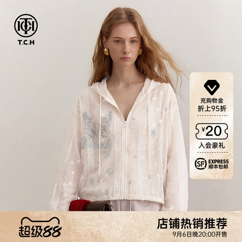 TCH暗纹提花蕾丝烫钻连帽外套