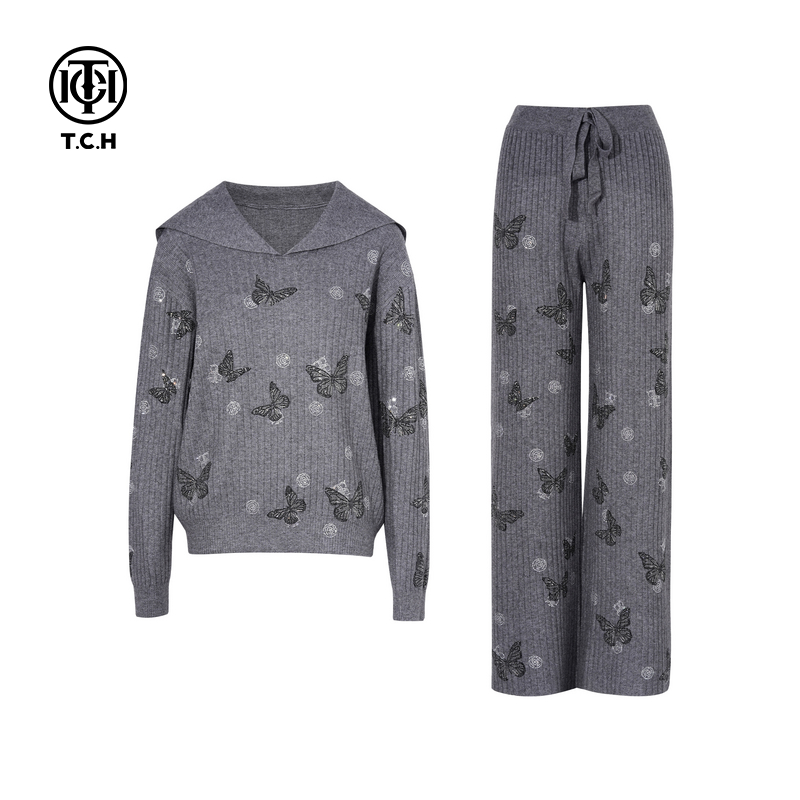 TCH私服烫钻百搭毛针织衫休闲直筒裤套装女25秋季新款T75C07E1057