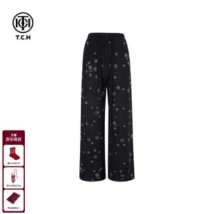 女T75D20E1241 百搭尚烫钻慵懒黑色直筒宽松休闲裤 TCH2025冬季 新款