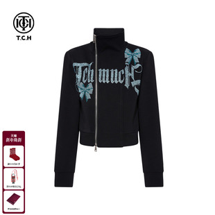 TCH私服2025秋冬新款 立领百搭黑色短外套女T75C27E5018 烫钻时尚