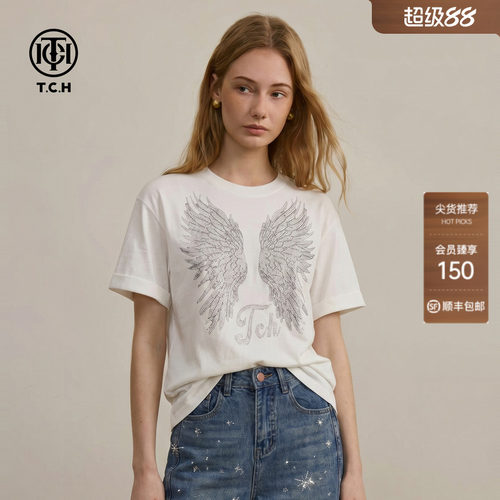 TCH休闲宽松卷边袖烫钻翅膀短袖T恤女2026年夏季新款圆领小众上衣