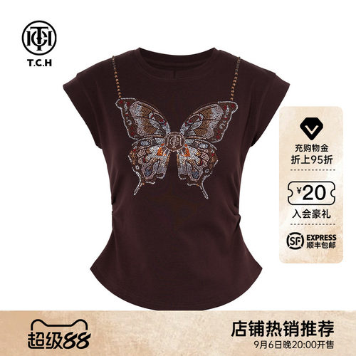 TCH轻奢时尚设计感蝴蝶烫钻咖色飞飞袖圆领显瘦T恤女T78B10E1122