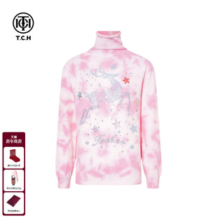 TCH甜妹风秋冬新款 女T75D09E5078 内搭星星烫钻粉白扎染高领针织衫
