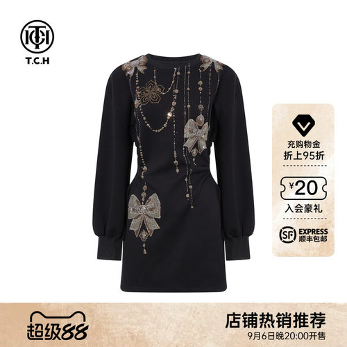 TCH暗黑系烫钻蝴蝶结宫廷风泡泡袖收腰长袖连衣裙女T75D30E1041