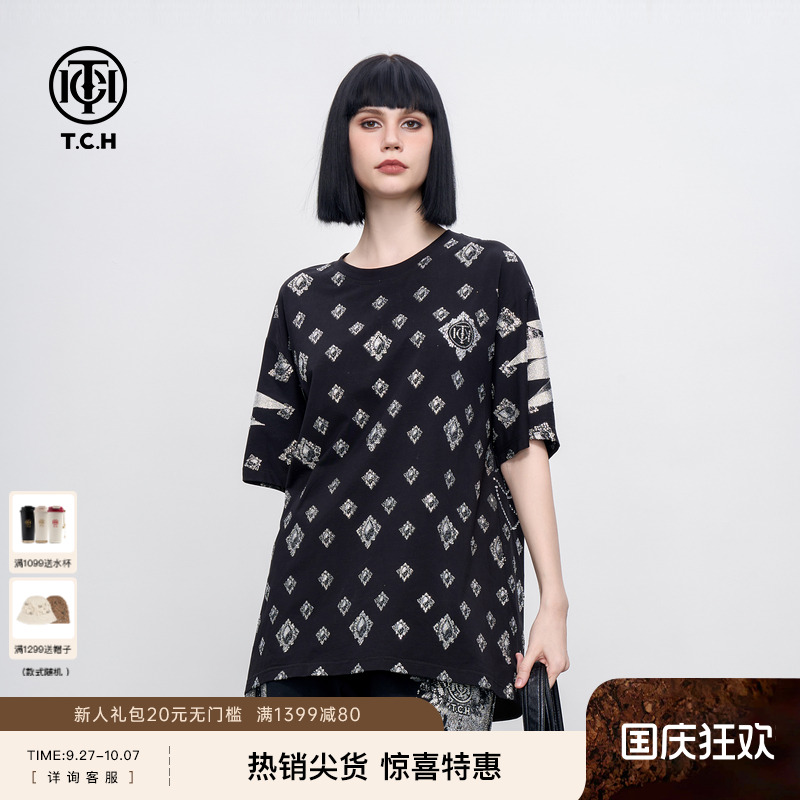 TCH 烫钻满印翅膀潮流宽松休闲黑色短袖T恤男女同款2025夏季新款