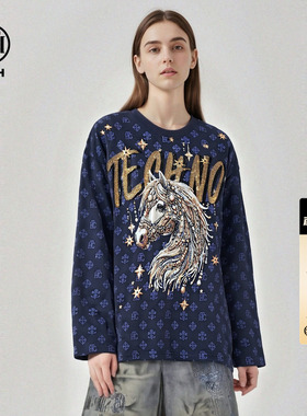 TCH2026春夏新款美式休闲潮酷宽松烫钻长袖T恤男女同款T78B086067