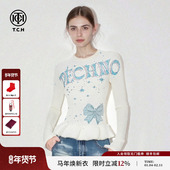 TCH烫钻字母蝴蝶结修身 收腰显瘦气质荷叶摆长袖 T恤女T78A08E1010