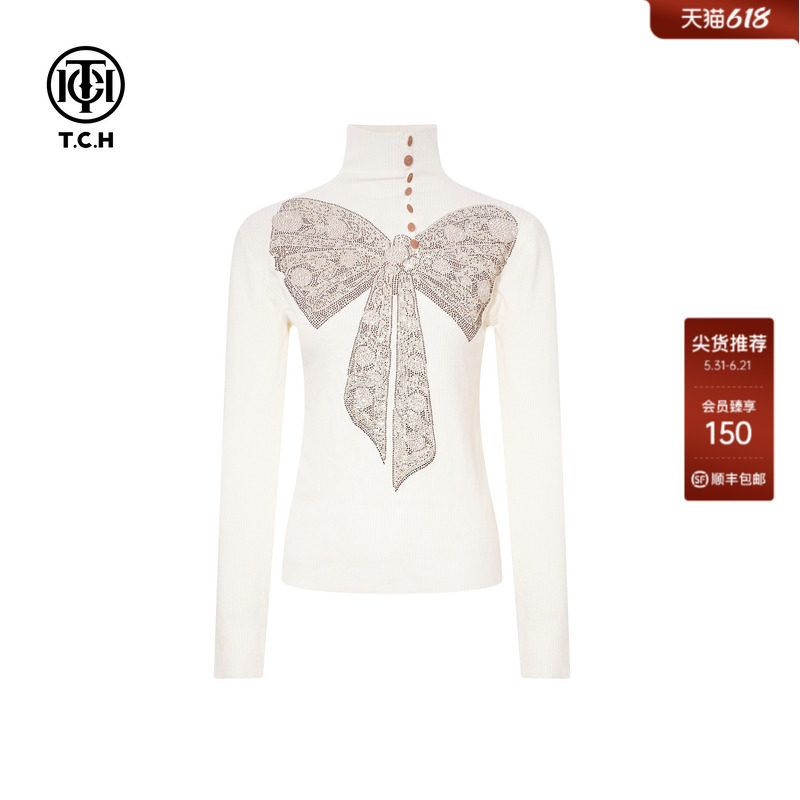TCH时尚烫钻蝴蝶结米色气质百搭高领修身打底针织衫女T75D09E1190
