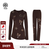 套装 TCH私服烫钻休闲收腰连帽长袖 T恤直筒休闲裤 女T75C07E1013
