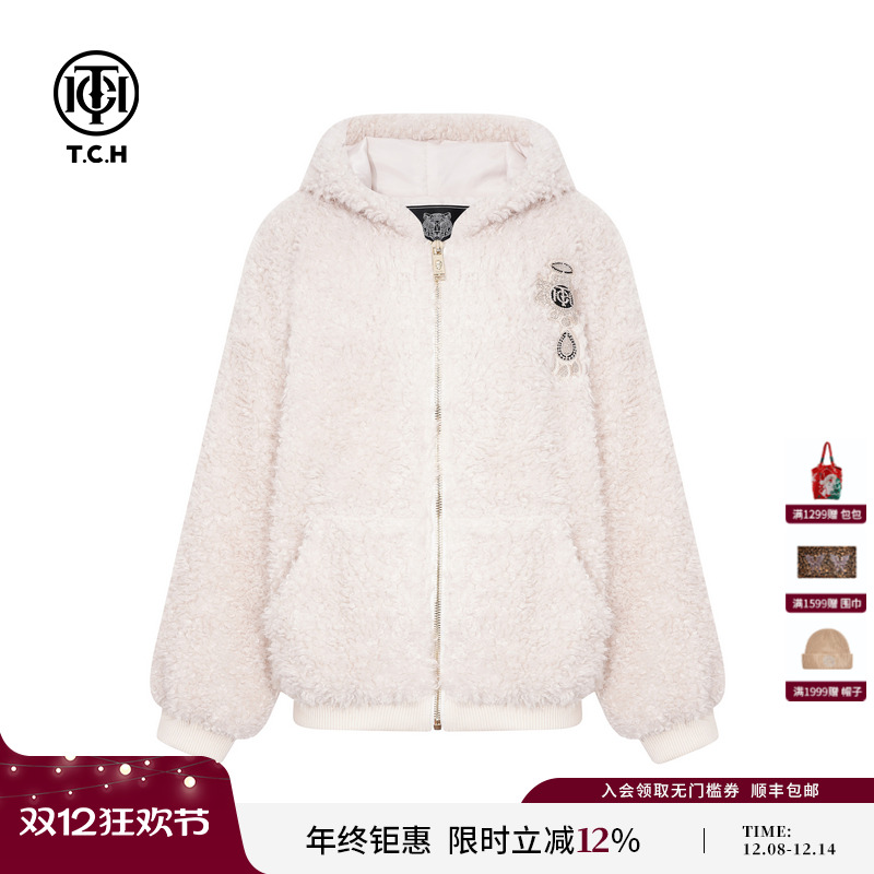 TCH轻奢潮牌时尚大翅膀烫钻连帽毛毛外套2025冬季新款T75C27E9008