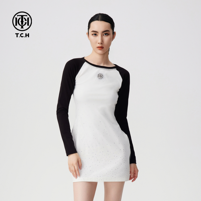 TCH2024早秋新款撞色烫钻连衣裙女休闲复古长袖T恤裙T72C306077