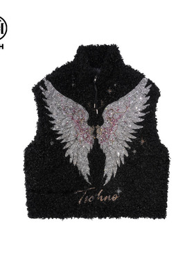 TCH轻奢潮牌烫钻羽翼翅膀黑色毛毛百搭加厚马甲上衣女T75D01E5000