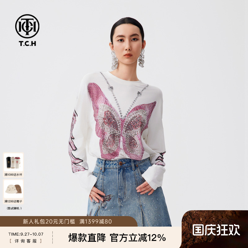 TCH2024秋季新款长袖T恤女翅膀烫钻休闲上衣男商场同款T72C086009