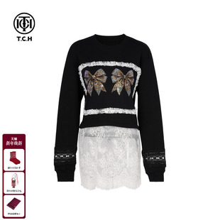 T75C11B1007 新款 TCH私服烫钻时尚 设计感蕾丝拼接圆领卫衣女25秋季