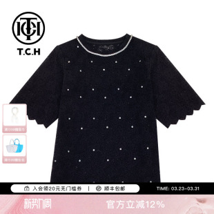 黑色蕾丝珍珠短袖 时尚 T恤女T72B10E9082 系列烫钻新中式 TCH新中式