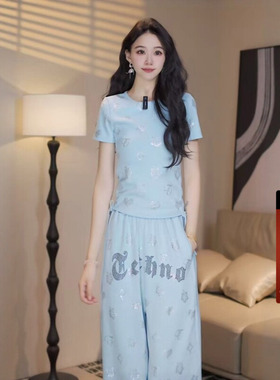 TCH时尚潮流休闲套装女夏季蓝色减龄烫钻收腰短袖T恤阔腿裤两件套