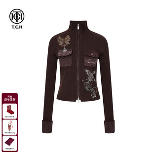 上衣女T75D43E1055 显瘦拉链针织开衫 TCH时尚 烫钻秋冬百搭立领修身
