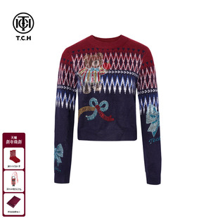 毛衣女T75D09E5082 韩系复古提花圆领烫钻针织衫 TCH2025冬季 新款