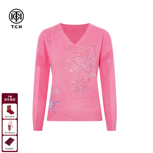 显瘦针织衫 TCH2025冬季 烫钻粉色休闲百搭修身 时尚 T75D09E1216 新款