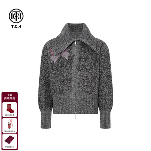 TCH25秋冬新款 加厚翻领针织拉链外套女T75C17E5100X 慵懒烫钻时尚