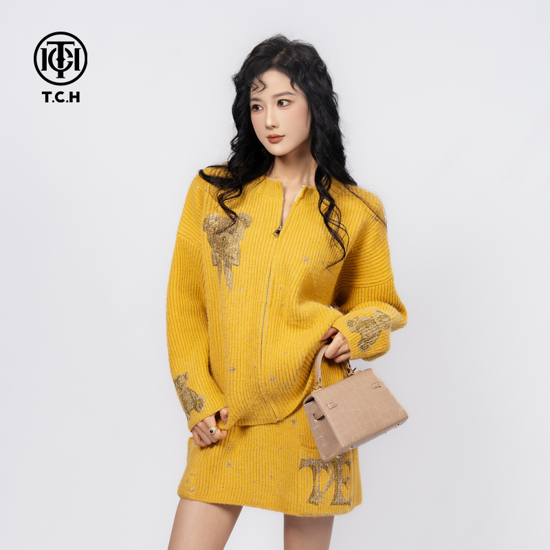 TCH私服烫钻时髦百搭宽松针织外套短裙套装25秋冬新款T75D07E1028