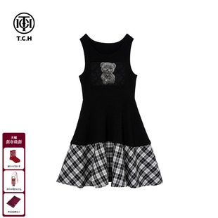 TCH私服烫钻格纹拼接短裙气质显瘦背心连衣裙女新款 T75C30B1019