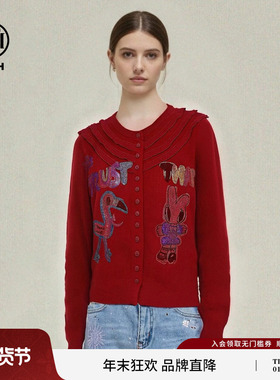 TCH2026春季新年款烫钻萌趣兔子红色针织开衫上衣女T78A43E1049