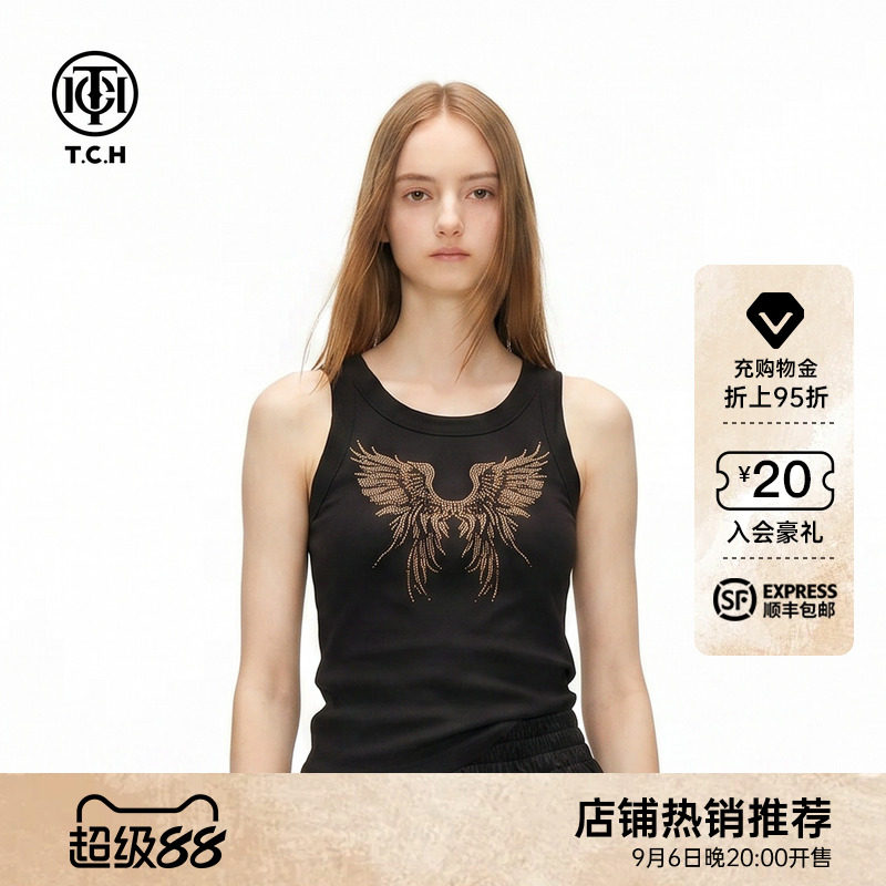 TCH黑色烫钻翅膀显瘦吊带背心图片