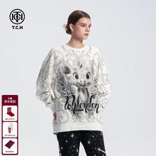 TCH轻奢潮牌满印图腾烫钻卡通龙时尚百搭长袖圆领卫衣24秋冬新款