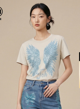 TCH翅膀烫钻短袖T恤女美式复古辣妹短款修身上衣春夏T78A10E1047