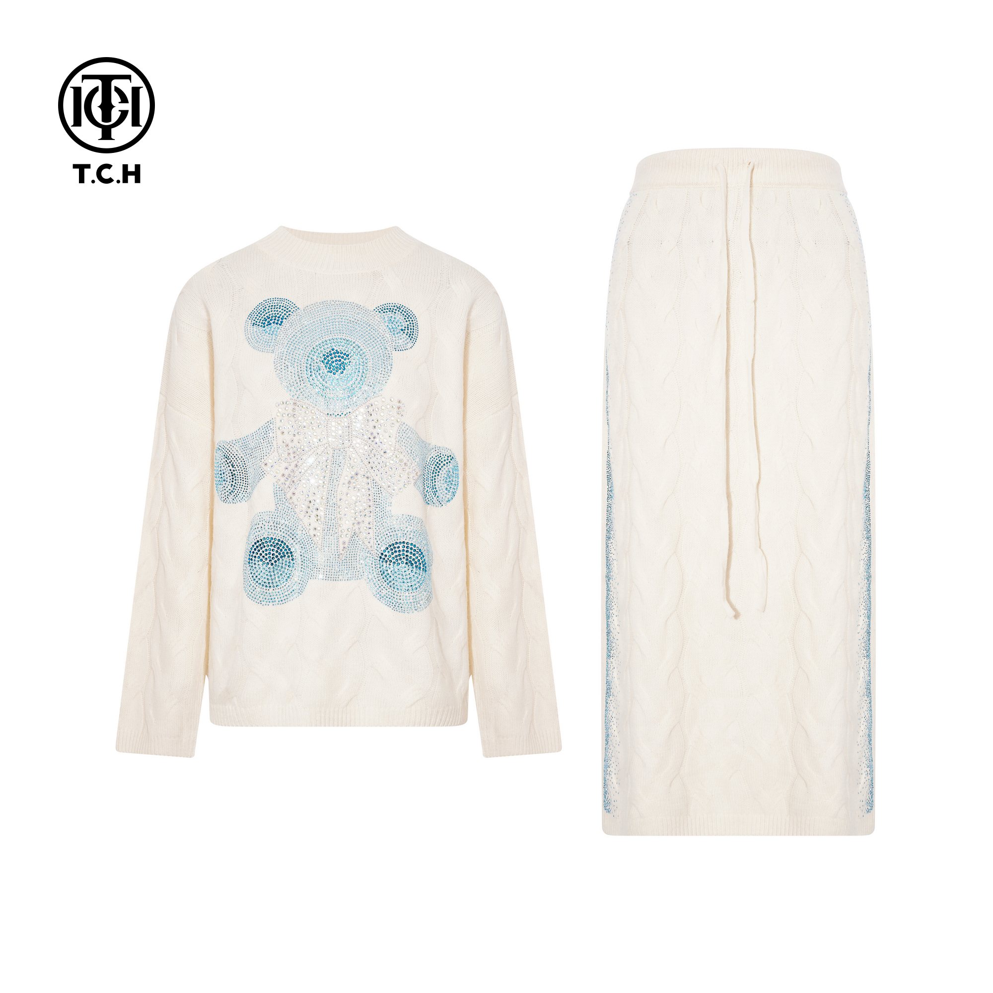 TCH时尚烫钻米色宽松圆领毛衣百搭休闲裤针织套装女T75D07E5020