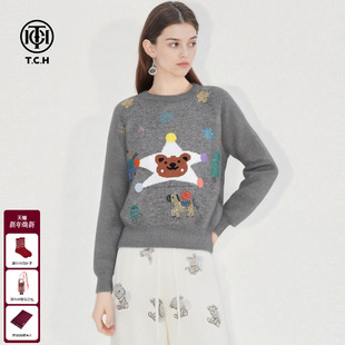 TCH休闲慵懒风彩钻萌马花朵圆领保暖针织衫 T75D09E1320 女秋冬新款