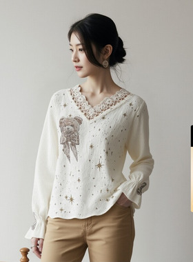 TCH2025秋冬新款慵懒风烫钻时尚气质蕾丝边针织衫女T75D09E1052